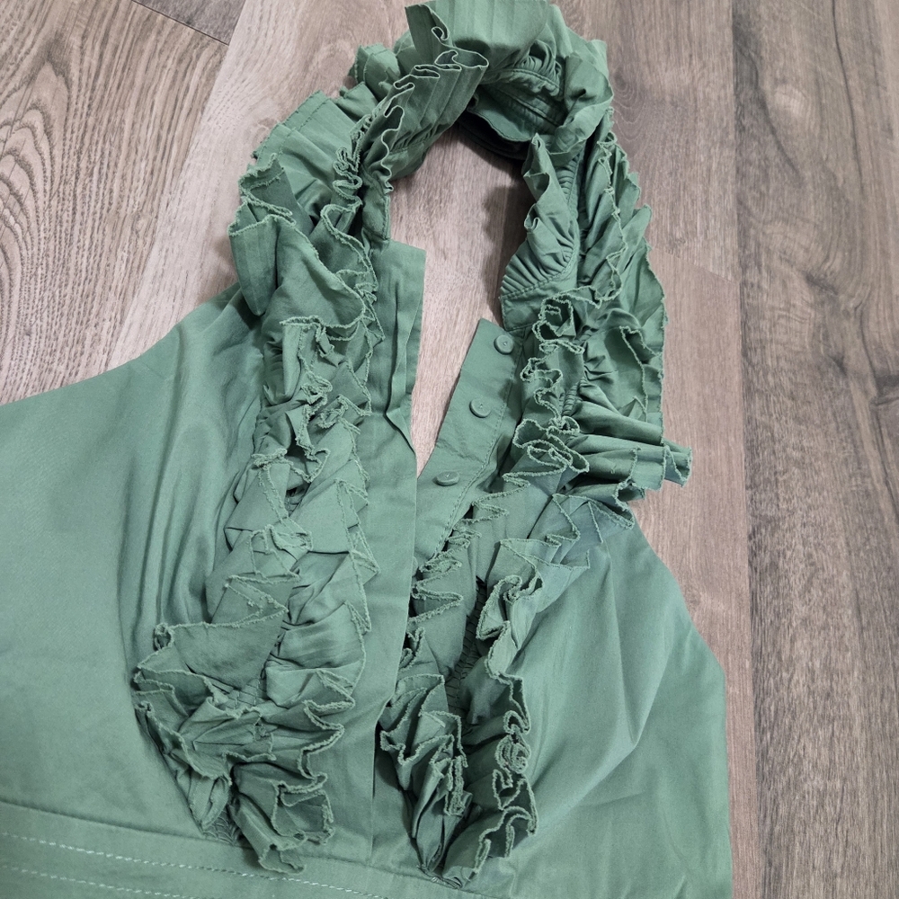 Y2K BCBGMaxAzria Halter Dress Ruffle Neck Cotton Blend Fit & Flare Mini Boho - Picture 4 of 9